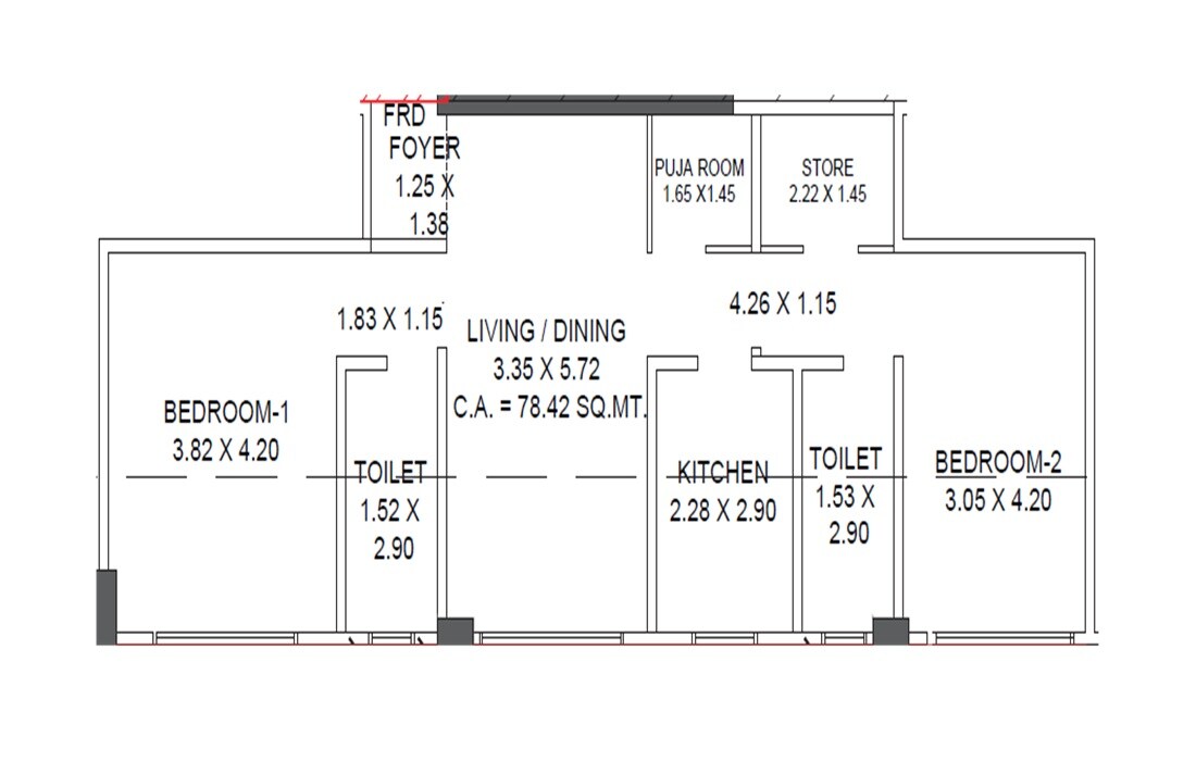 Floor plan of 2 BHK Apartment - 844 sq. ft. in Happy Jade Courtyard, Mumbai
