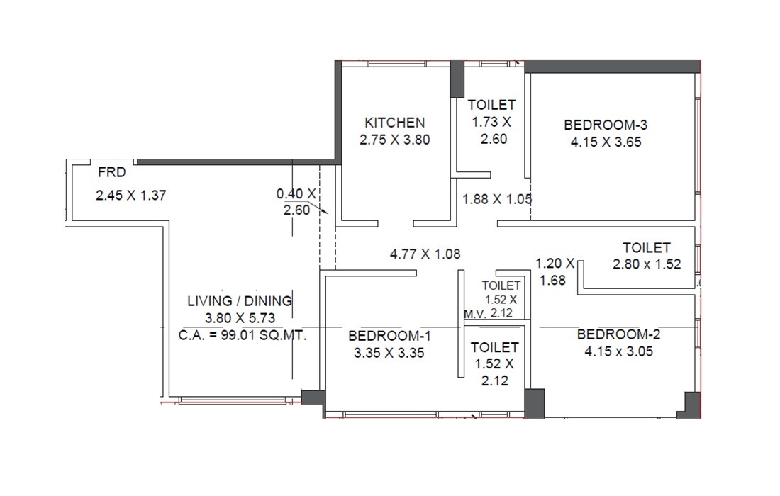 Floor plan of 3 BHK Apartment - 1066 sq. ft. in Happy Jade Courtyard, Mumbai
