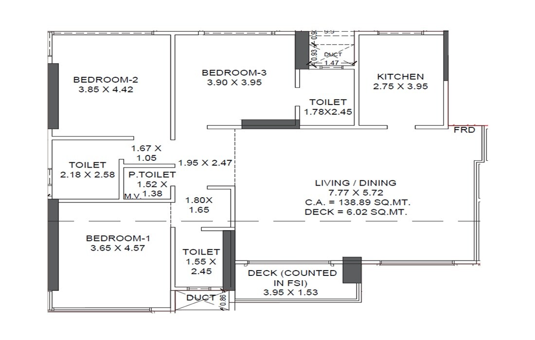 Floor plan of 3 BHK Apartment - 1495 sq. ft. in Happy Jade Courtyard, Mumbai