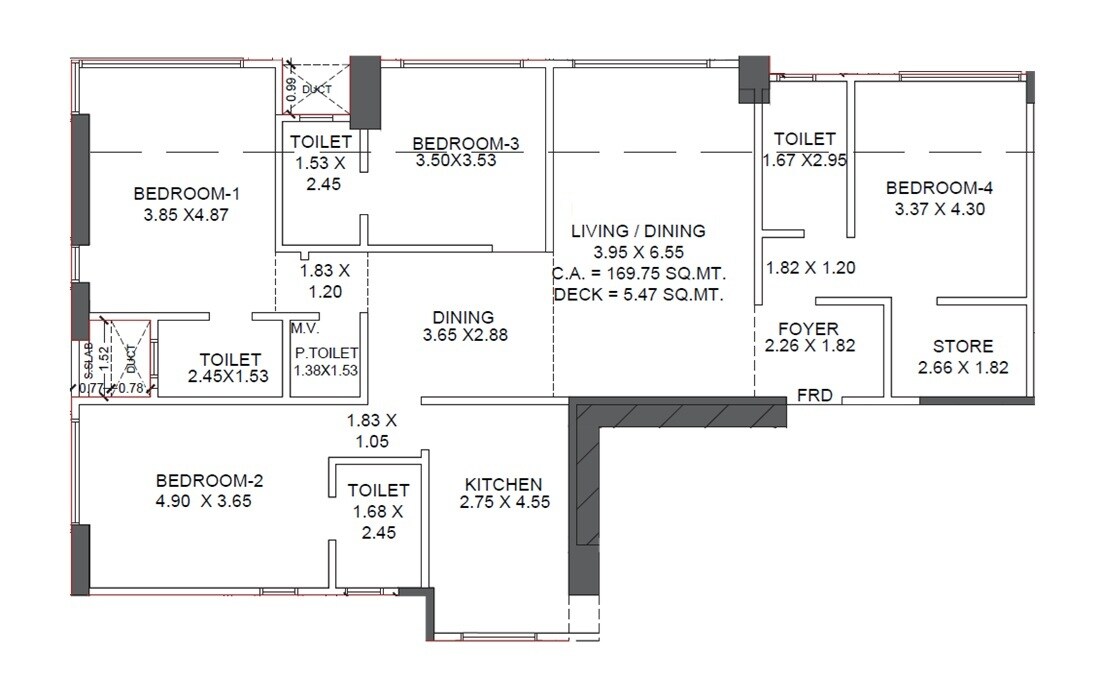 Floor plan of 4 BHK Apartment - 1827 sq. ft. in Happy Jade Courtyard, Mumbai