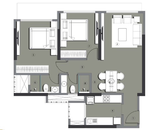 Floor plan of 2 BHK 690 Sq. Ft. Apartment in Happy Jade Gardens, Mumbai