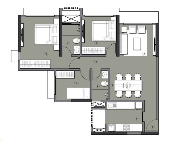 Floor plan of 2 BHK 850 Sq. Ft. Apartment in Happy Jade Gardens, Mumbai