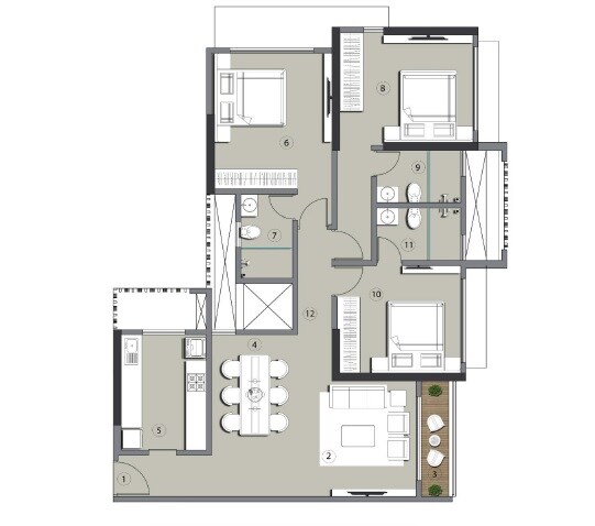 Floor plan of 3 BHK 1058 Sq. Ft. Apartment in Happy Jade Gardens, Mumbai