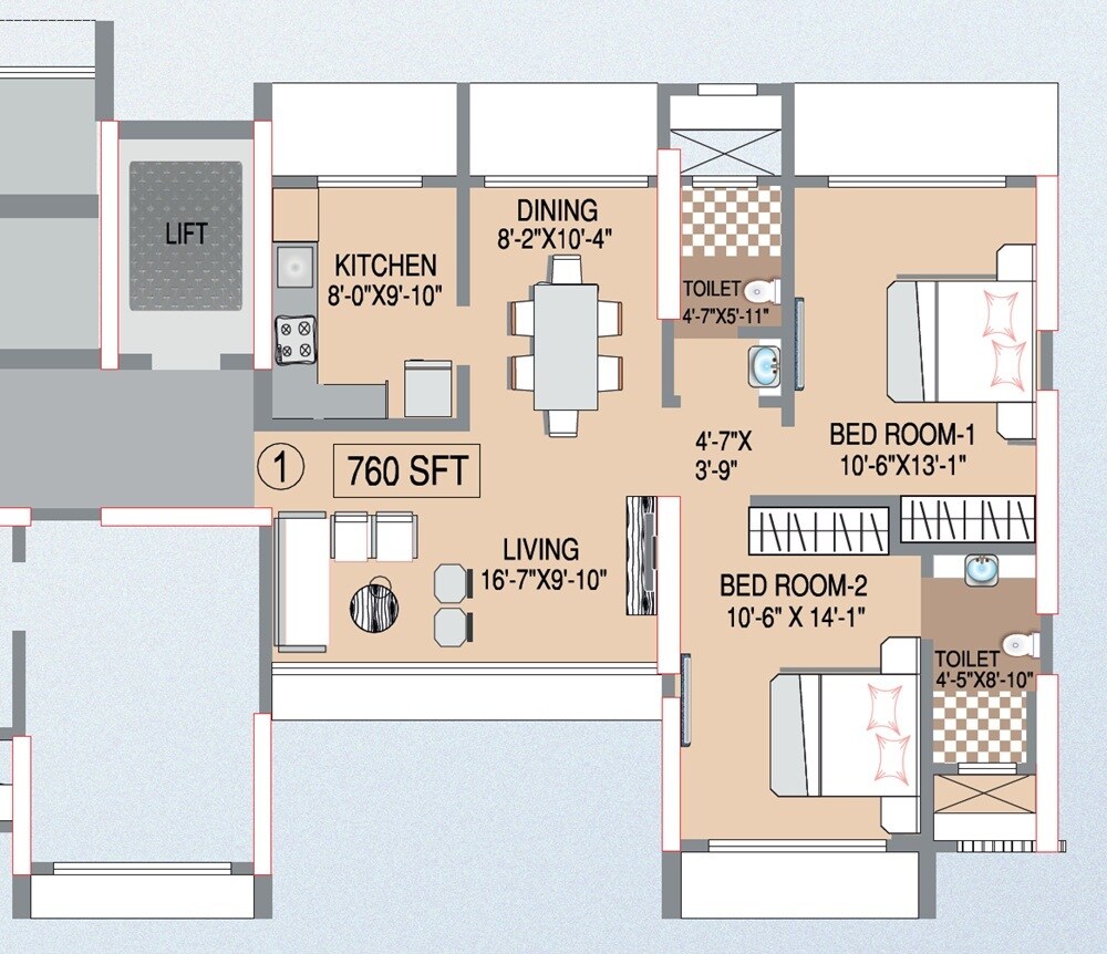 2 BHK 760 Sq. Ft. Apartment