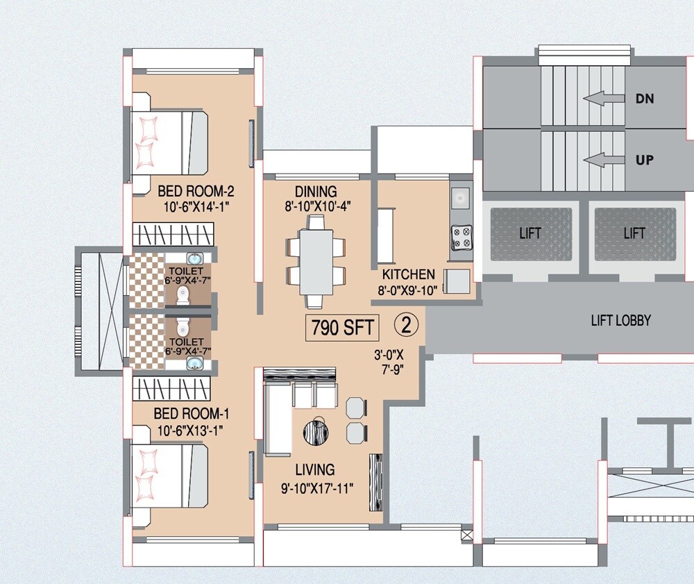 2 BHK 790 Sq. Ft. Apartment