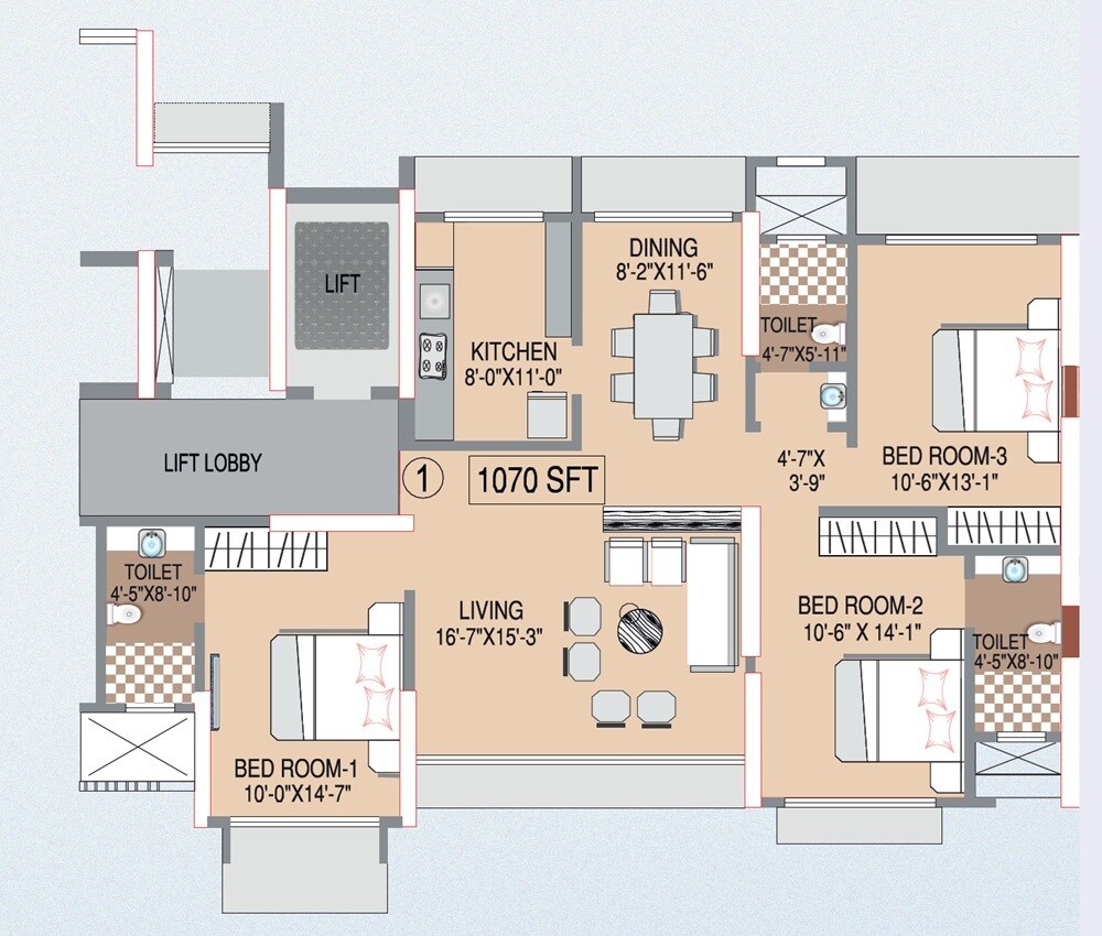 3 BHK 1070 Sq. Ft. Apartment