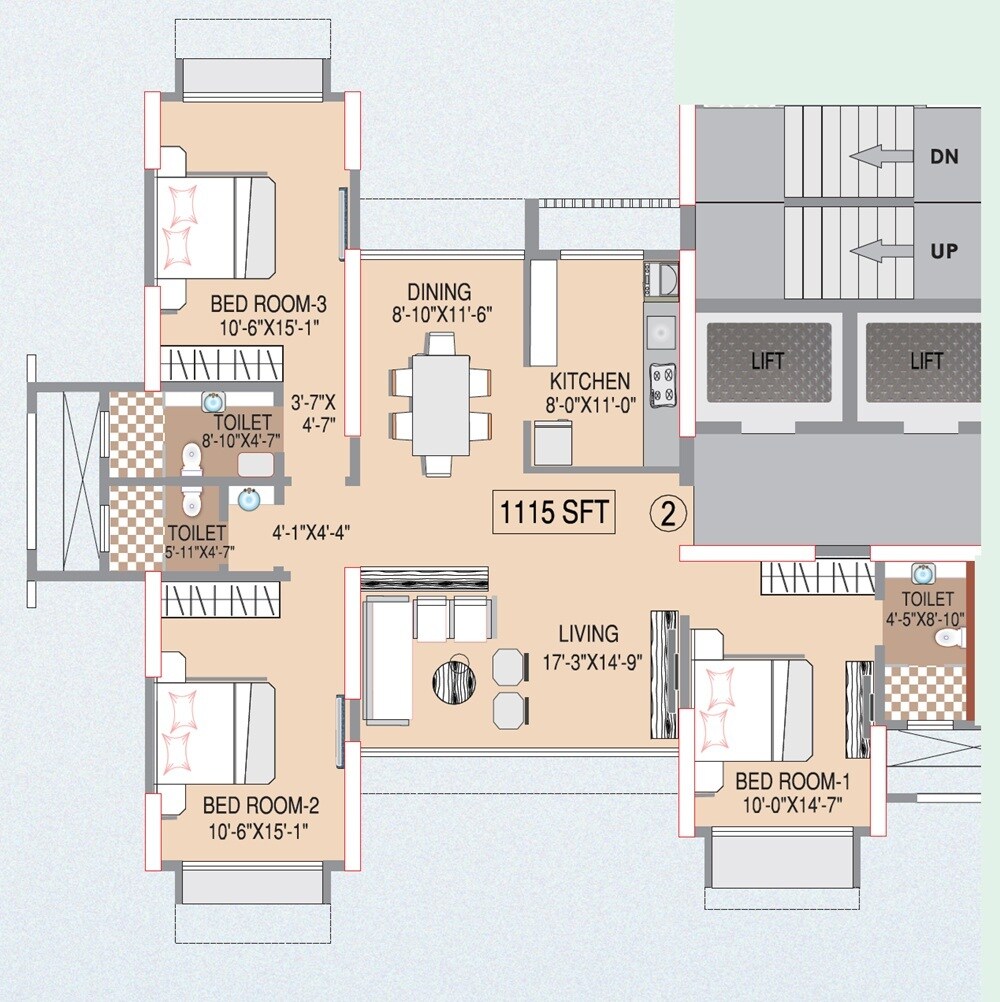 3 BHK 1115 Sq. Ft. Apartment