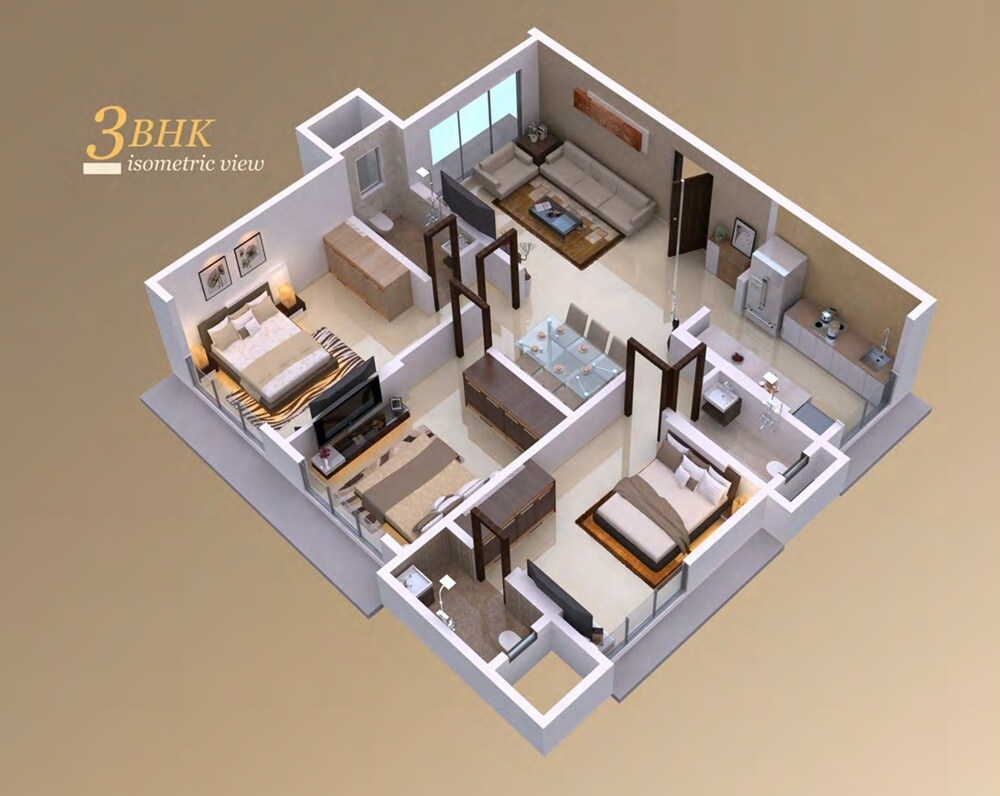 Floor plan of 3 BHK 837 Sq. Ft. Apartment in Hari Niketan, Mumbai