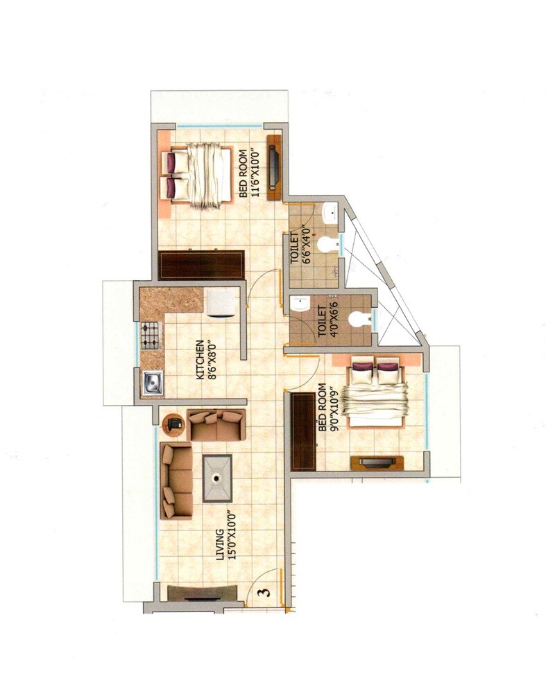 Floor plan of 2 BHK 537 Sq. Ft. Apartment in Hari Shree Neha CHS, Mumbai