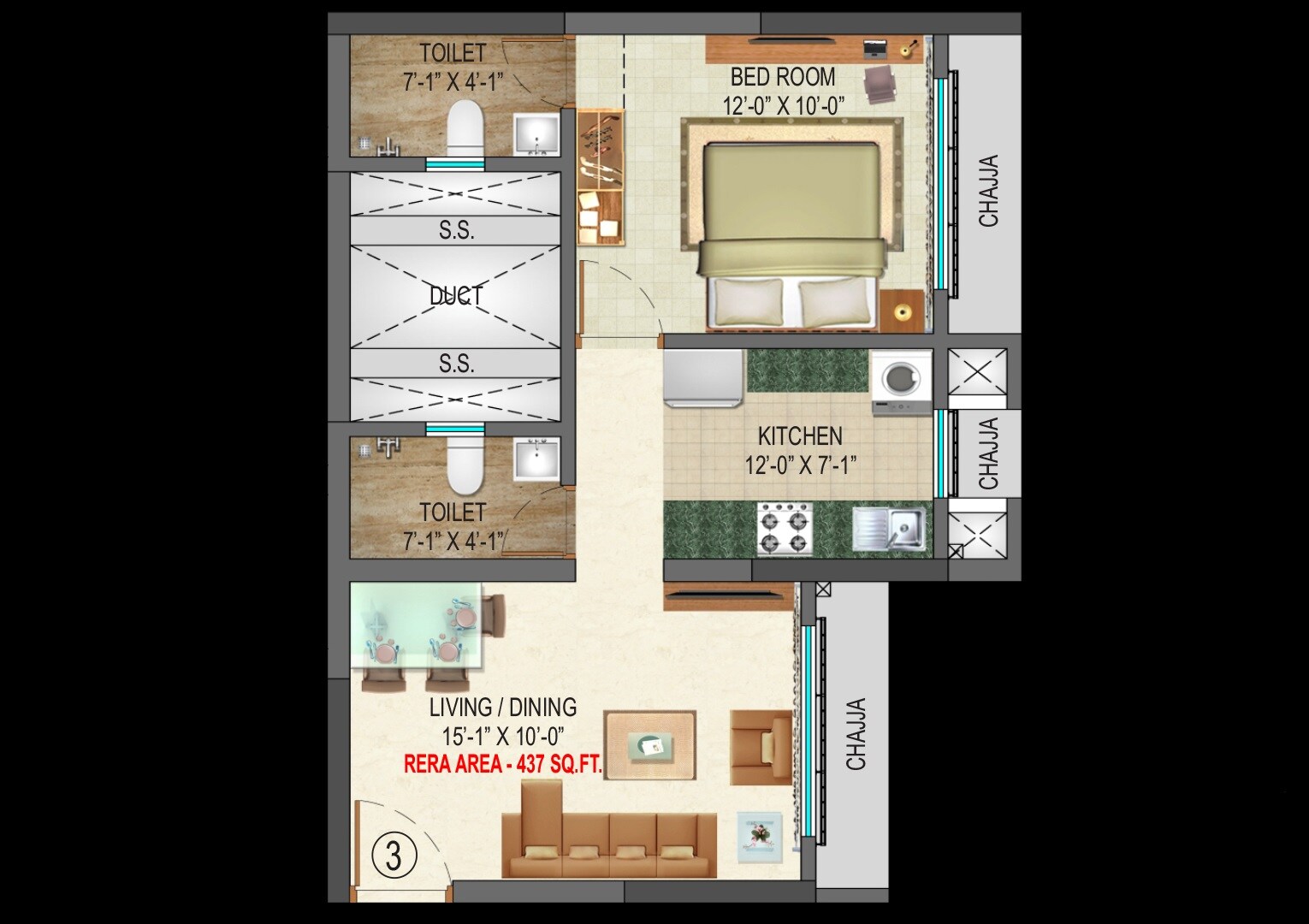 Floor plan of 1 BHK 437 Sq. Ft. Apartment in Hariko Arihant Enclave, Mumbai