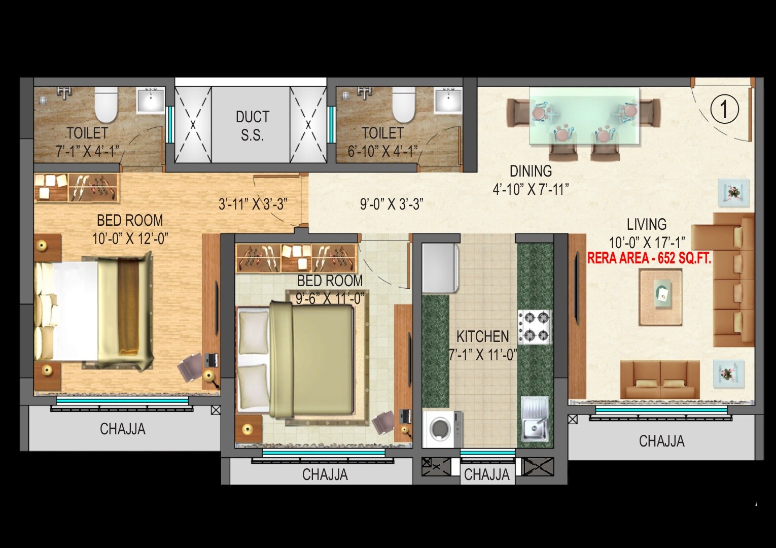 Floor plan of 2 BHK 652 Sq. Ft. Apartment in Hariko Arihant Enclave, Mumbai