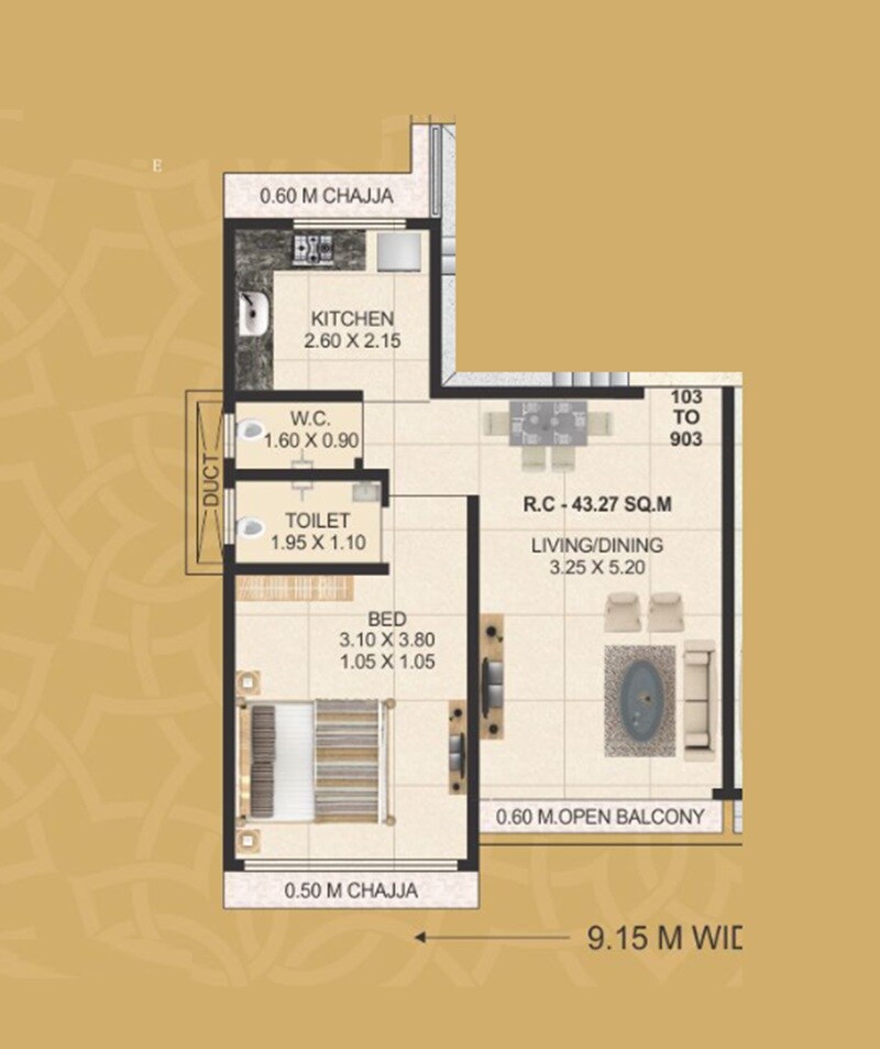 Floor plan of 1 BHK 398 Sq. Ft. Apartment in Harish Laxmina Elanza, Mumbai