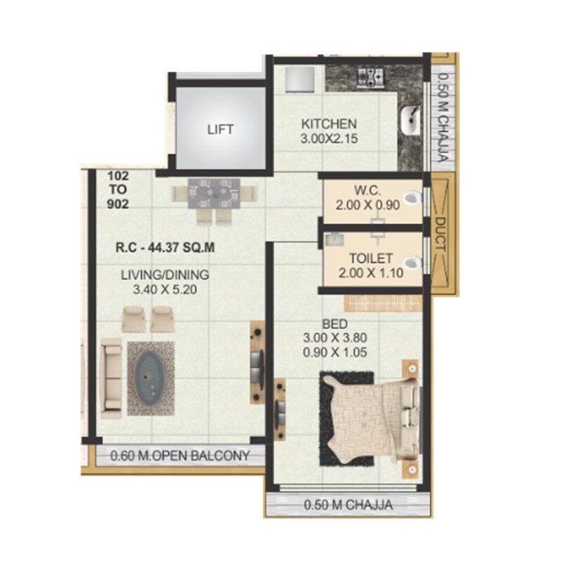Floor plan of 1 BHK 478 Sq. Ft. Apartment in Harish Laxmina Elanza, Mumbai