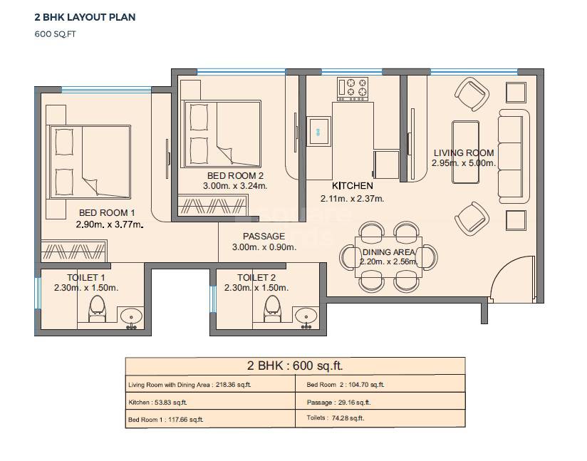 Floor plan of 2 BHK 600 Sq. Ft. Apartment in Hariyana Shree Suryodaya, Mumbai
