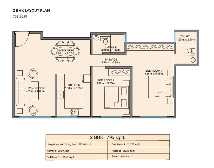 Floor plan of 2 BHK 795 Sq. Ft. Apartment in Hariyana Shree Suryodaya, Mumbai