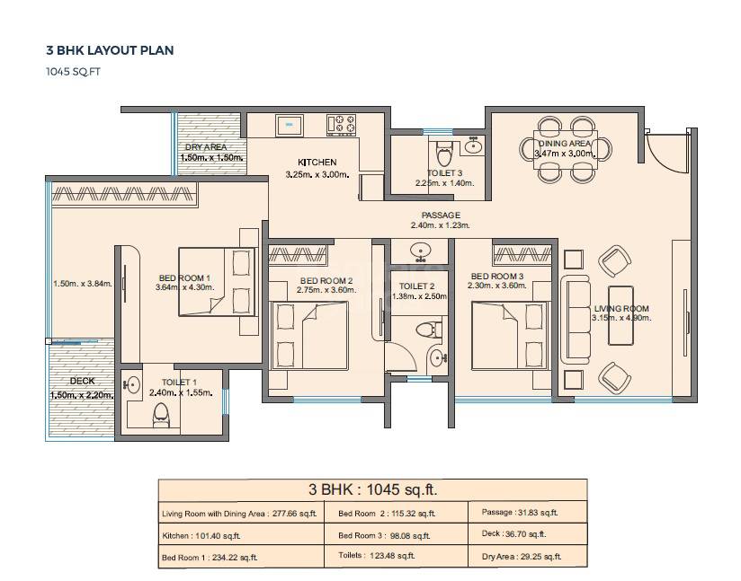 Floor plan of 3 BHK 1045 Sq. Ft. Apartment in Hariyana Shree Suryodaya, Mumbai