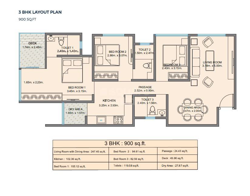 Floor plan of 3 BHK 900 Sq. Ft. Apartment in Hariyana Shree Suryodaya, Mumbai