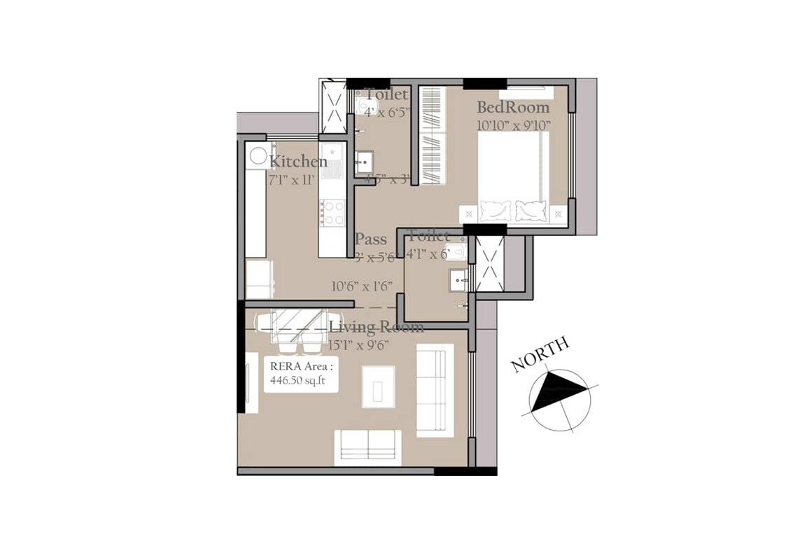 Floor plan of 1 BHK 446 Sq. Ft. Apartment in Harmony Mahashreenathji CHSL, Mumbai