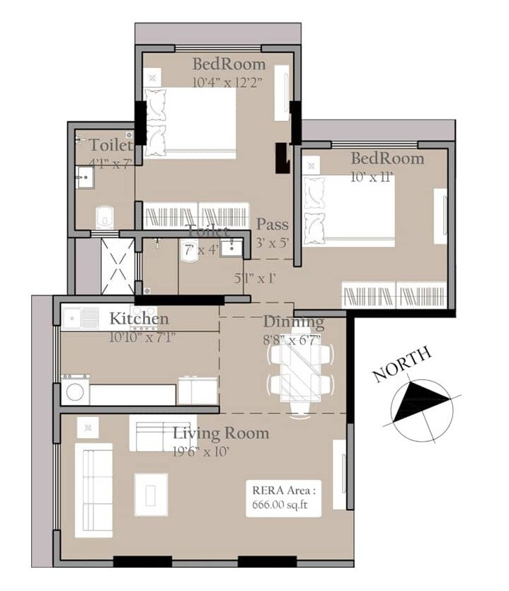 Floor plan of 2 BHK 666 Sq. Ft. Apartment in Harmony Mahashreenathji CHSL, Mumbai