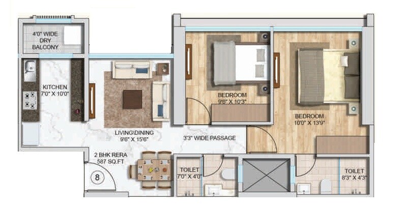 2 BHK 587 Sq. Ft. Apartment