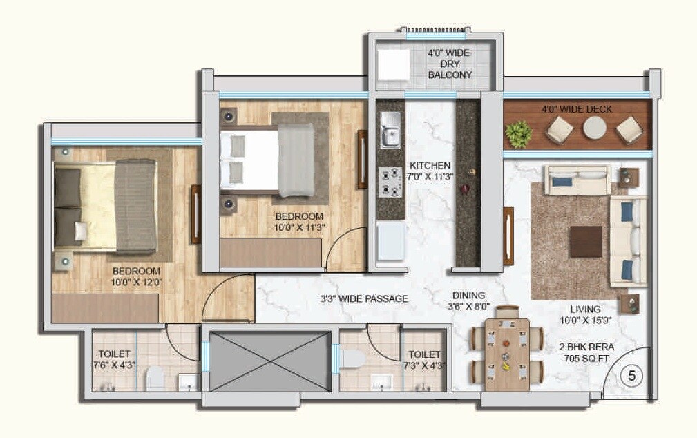 2 BHK 705 Sq. Ft. Apartment
