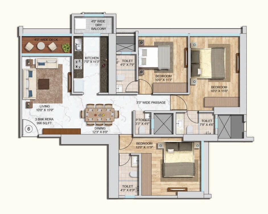 Floor plan of 3 BHK 996 Sq. Ft. Apartment in Harmony Om Sai Complex, Mumbai
