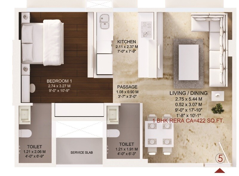 Floor plan of 1 BHK 398 Sq. Ft. Apartment in Harmony Residency Ghatkopar East, Mumbai