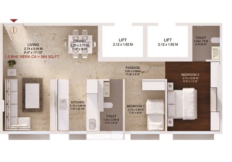Floor plan of 2 BHK 564 Sq. Ft. Apartment in Harmony Residency Ghatkopar East, Mumbai