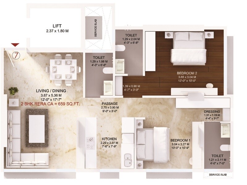 Floor plan of 2 BHK 659 Sq. Ft. Apartment in Harmony Residency Ghatkopar East, Mumbai