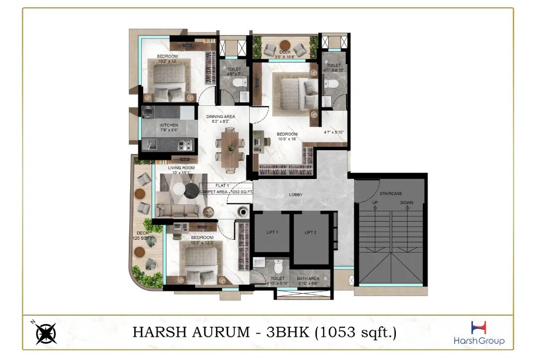 Floor plan of 3 BHK 1053 Sq. Ft. Apartment in Harsh Aurum, Mumbai