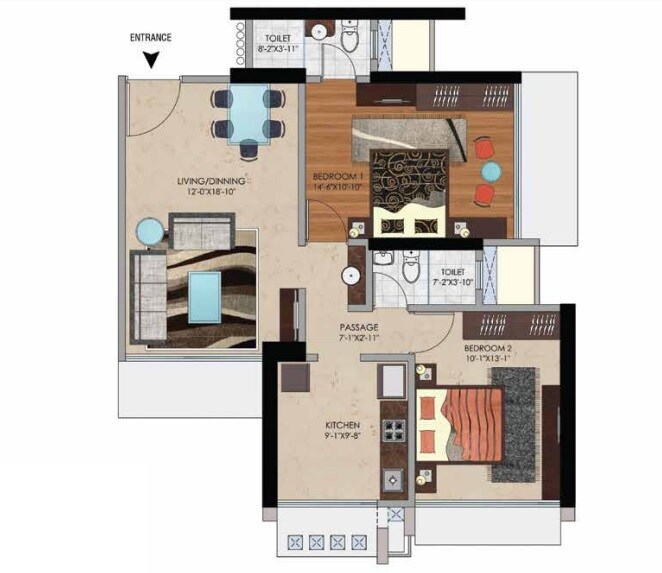 2 BHK 740 Sq. Ft. Apartment