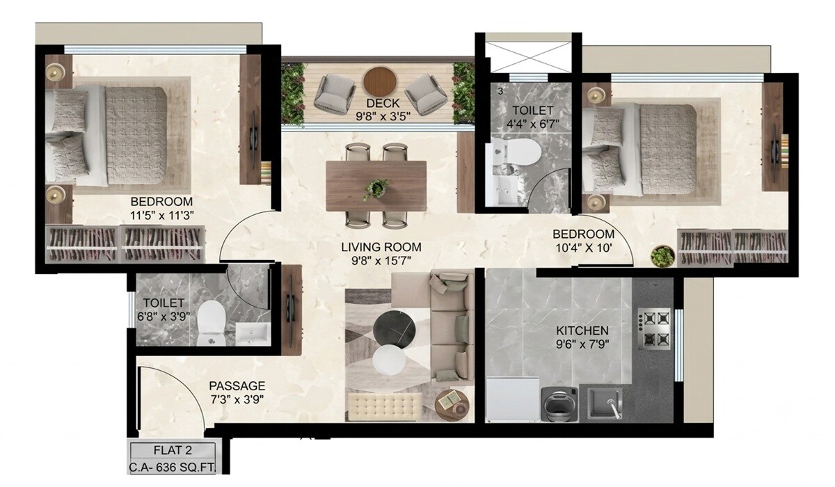 2 BHK 636 Sq. Ft. Apartment