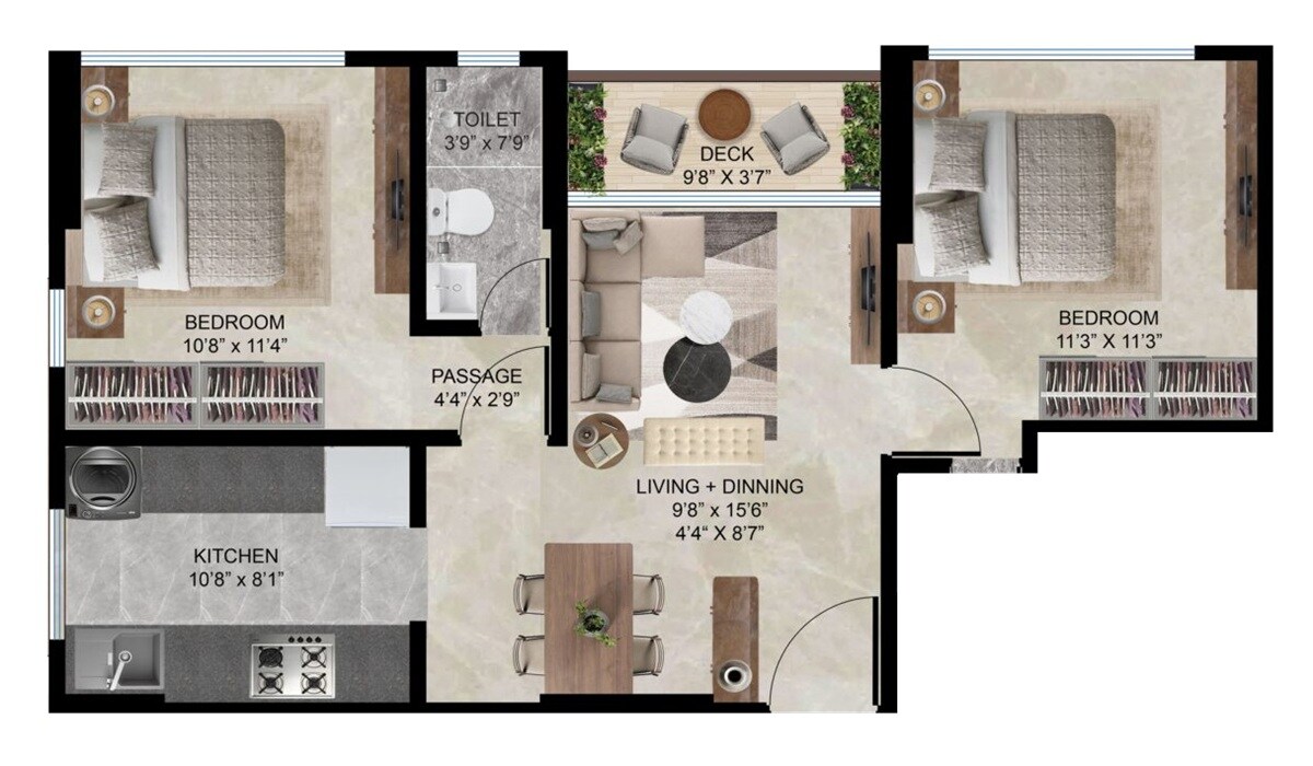 Floor plan of 2 BHK 680 Sq. Ft. Apartment in Harsh Oasis, Mumbai