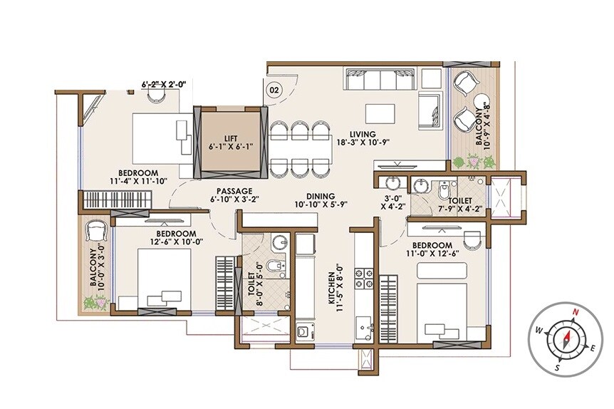 Floor plan of 3 BHK 1041 Sq. Ft. Apartment in Harshail Emerald, Mumbai