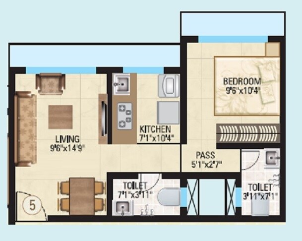 Floor plan of 1 BHK 471 Sq. Ft. Apartment in Harshal Dev Chhaya Apartment, Mumbai