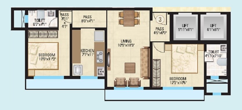 Floor plan of 2 BHK 671 Sq. Ft. Apartment in Harshal Devchhaya, Mumbai