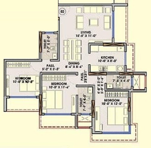 Floor plan of 3 BHK 1005 Sq. Ft. Apartment in Harshmaan Crescent Heights, Mumbai