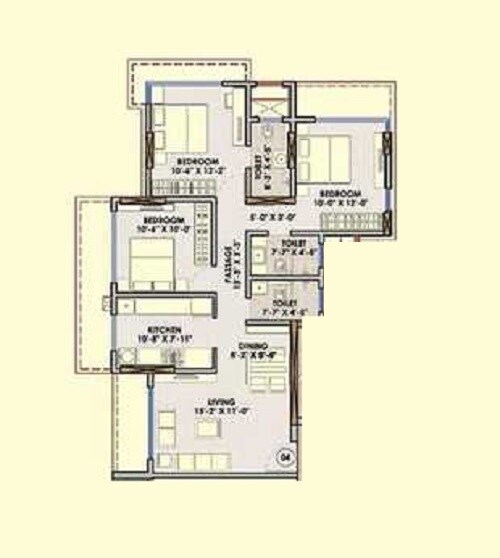 Floor plan of 3 BHK 1242 Sq. Ft. Apartment in Harshmaan Crescent Heights, Mumbai