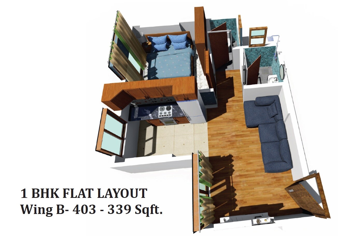 Floor plan of 1 BHK 339 Sq. Ft. Apartment in Haware Amara, Mumbai