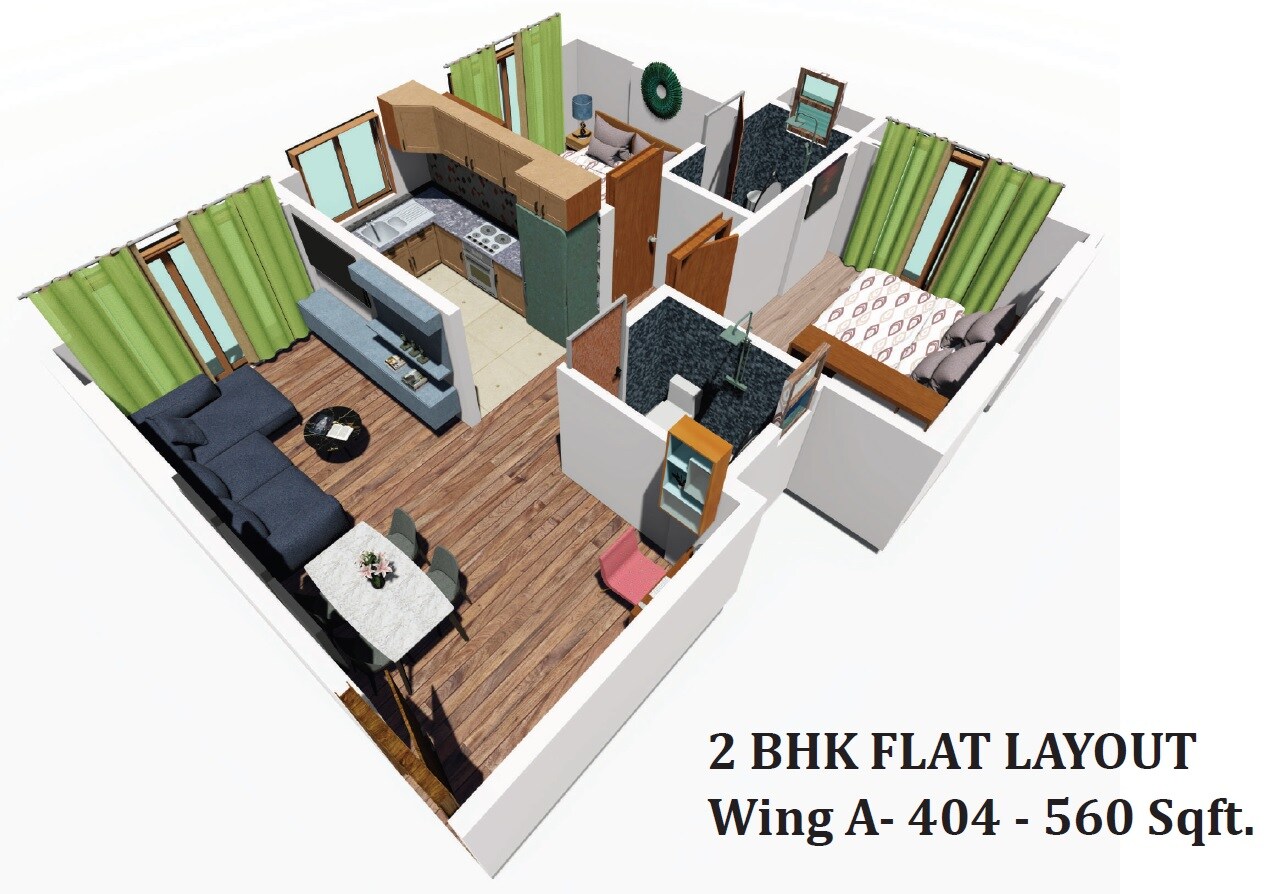 Floor plan of 2 BHK 560 Sq. Ft. Apartment in Haware Amara, Mumbai