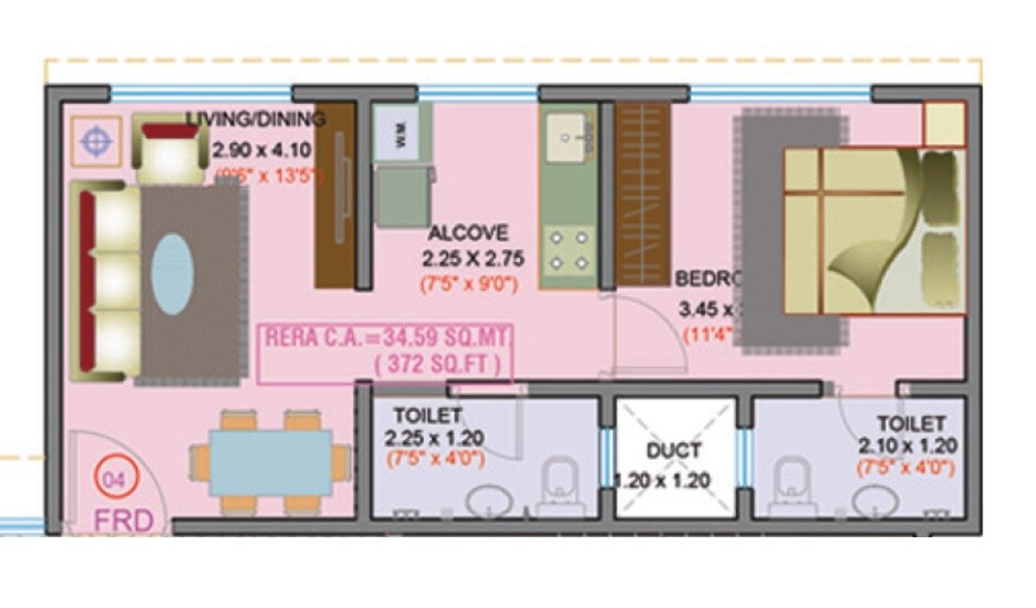 Floor plan of 1 BHK 372 Sq. Ft. Apartment in Haware Sky, Mumbai