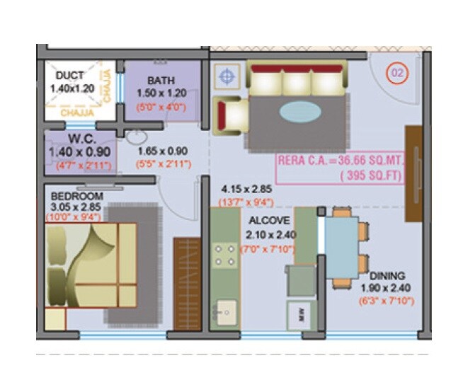 Floor plan of 1 BHK 395 Sq. Ft. Apartment in Haware Sky, Mumbai