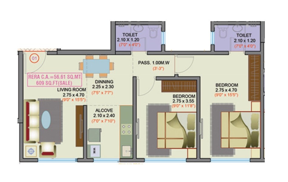 Floor plan of 2 BHK 609 Sq. Ft. Apartment in Haware Sky, Mumbai