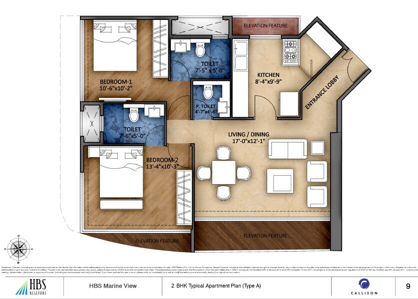 Floor plan of 2 BHK 809 Sq. Ft. Apartment in HBS Marineview, Mumbai