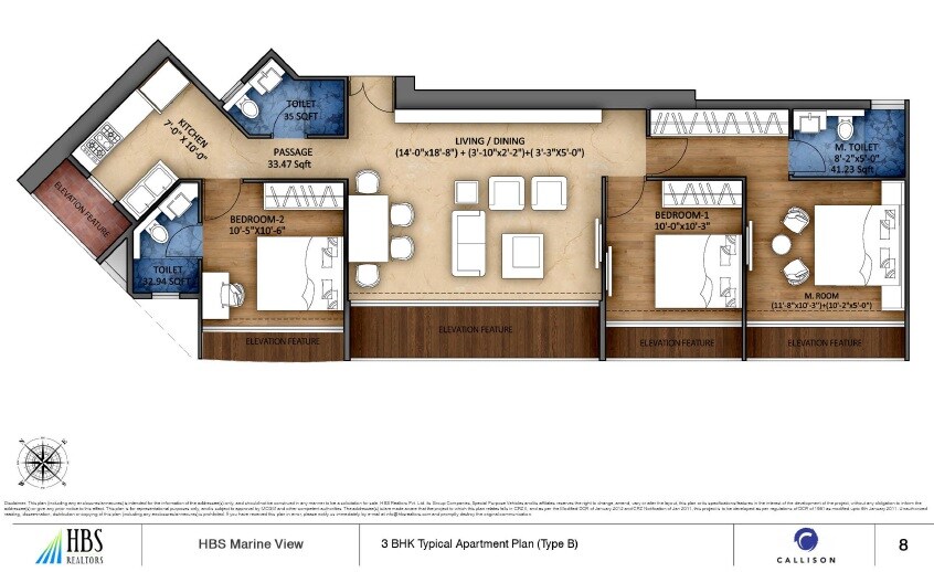 Floor plan of 3 BHK 1014 Sq. Ft. Apartment in HBS Marineview, Mumbai
