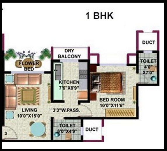 Floor plan of 1 BHK 392 Sq. Ft. Apartment in Hdil Galaxy Apartments, Mumbai