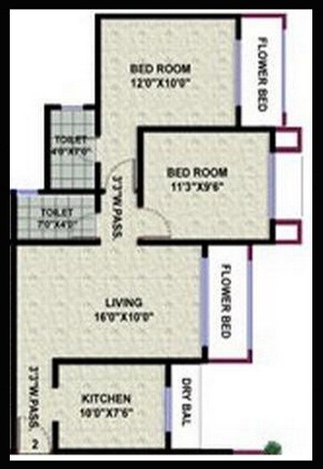 Floor plan of 2 BHK 562 Sq. Ft. Apartment in Hdil Galaxy Apartments, Mumbai