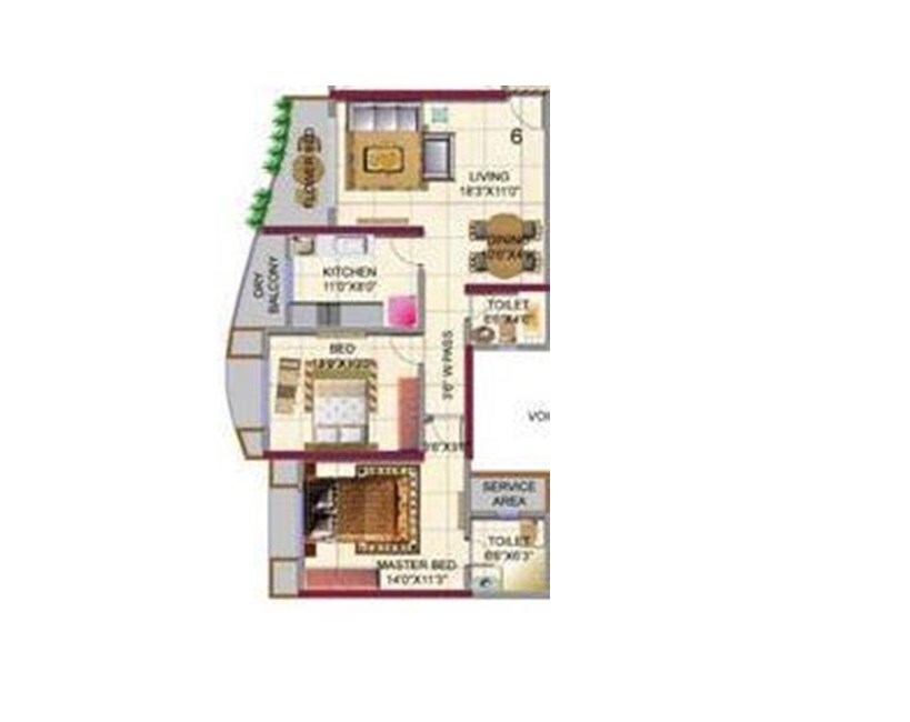 Floor plan of 2 BHK 1140 Sq. Ft. Apartment in HDIL Metropolis Residences, Mumbai