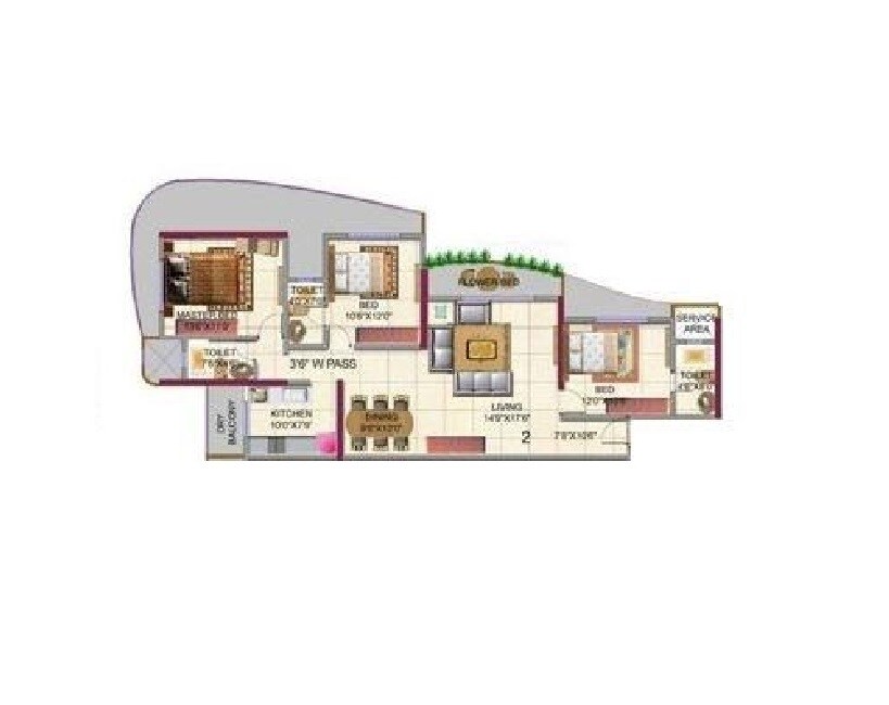 Floor plan of 3 BHK 1631 Sq. Ft. Apartment in HDIL Metropolis Residences, Mumbai