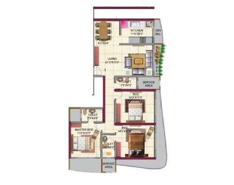 Floor plan of 3 BHK 1875 Sq. Ft. Apartment in HDIL Metropolis Residences, Mumbai